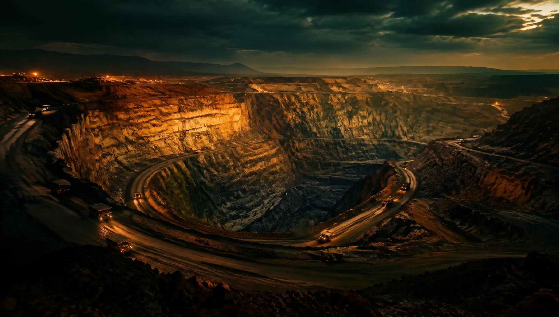 Large-scale open-pit mining operation at dusk